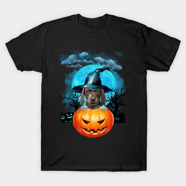 German Shorthaired Pointer Witch Hat Pumpkin And Blue Moon T-Shirt by Tagliarini Kristi